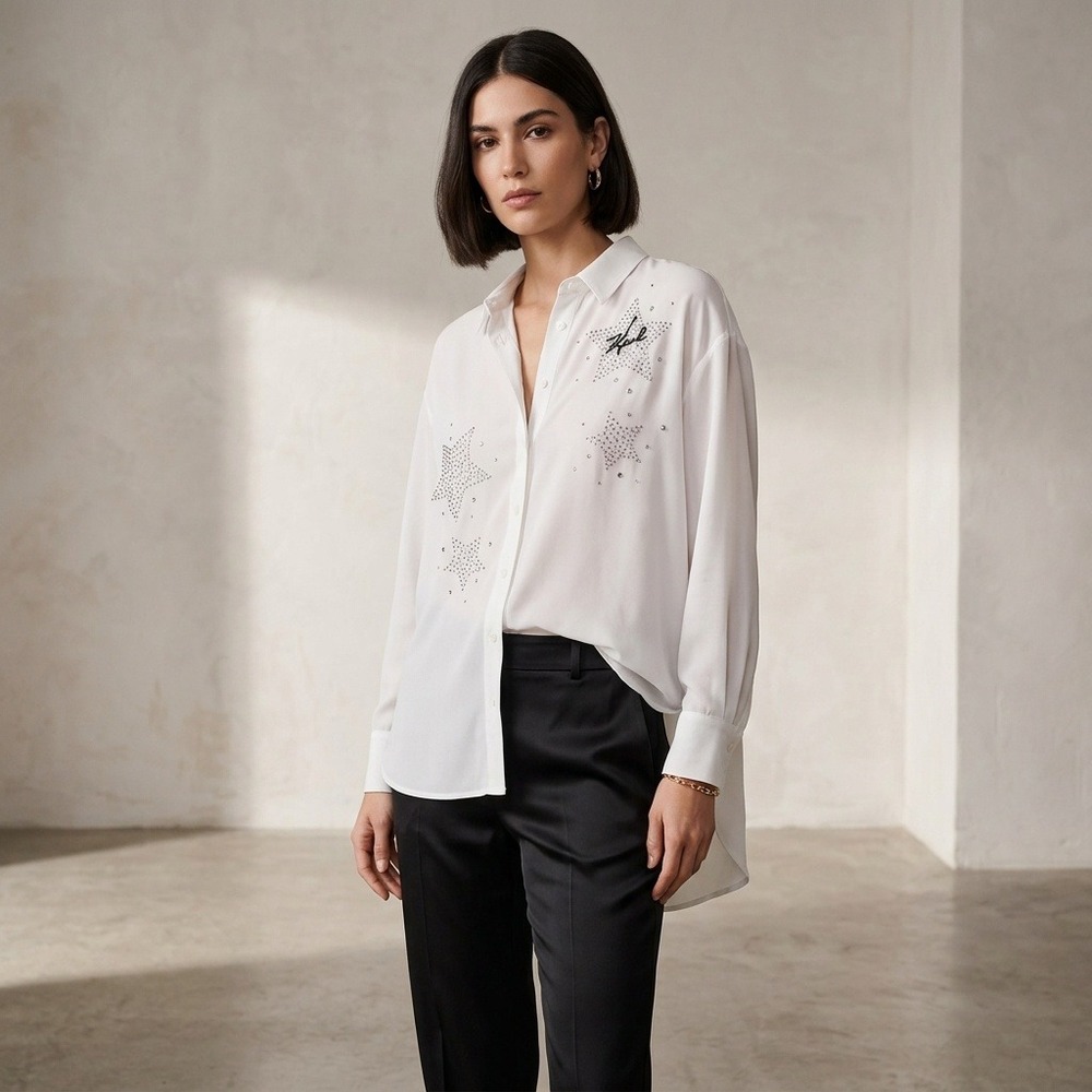 Karl Lagerfeld Shirt Women Paris White Rhinestone Star Button Down Shirt Size L